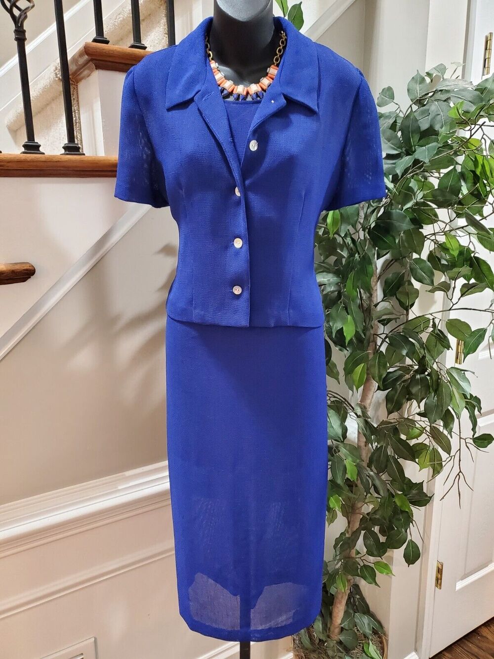 Miss Dorby Women Blue Solid Short Sleeve Jacket & Knee Length Dress 2 Pcs Suit M